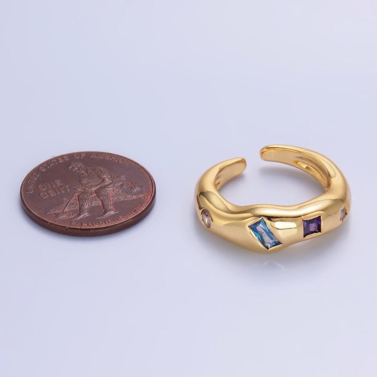 24K Gold Filled Multicolor Baguette CZ Geometric Molten Band Ring in Silver &amp; Gold | O756 O761