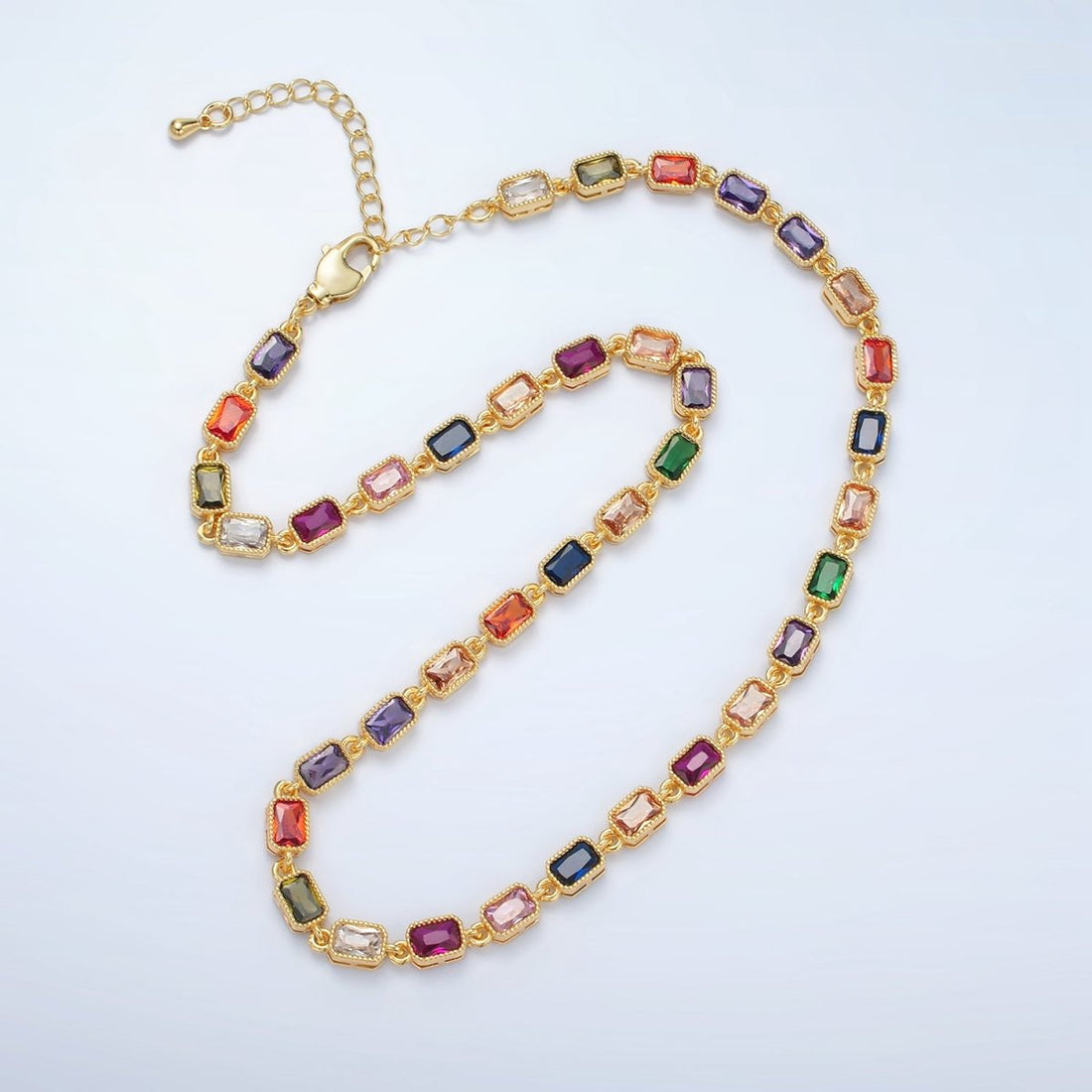 24K Gold Filled Multicolor CZ Baguette 15.5 Inch Necklace | WA-2556