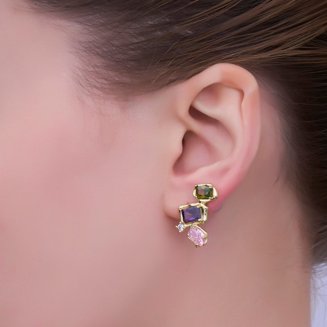 24K Gold Filled Multicolor CZ Baguette Molten CZ Stud Earrings | AI465