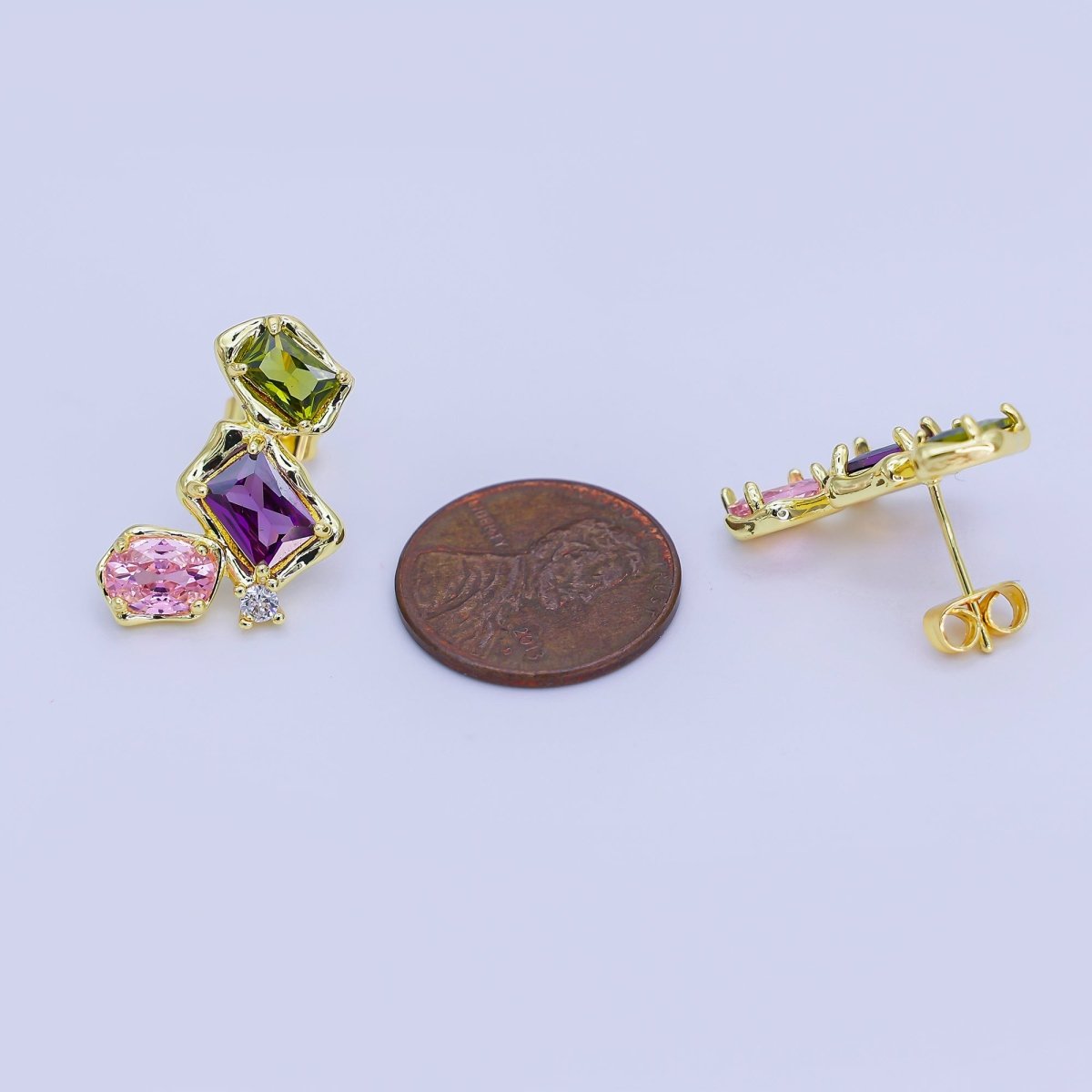 24K Gold Filled Multicolor CZ Baguette Molten CZ Stud Earrings | AI465