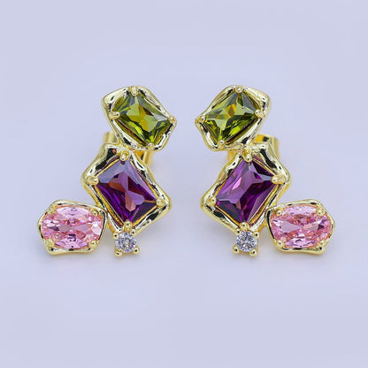 24K Gold Filled Multicolor CZ Baguette Molten CZ Stud Earrings | AI465