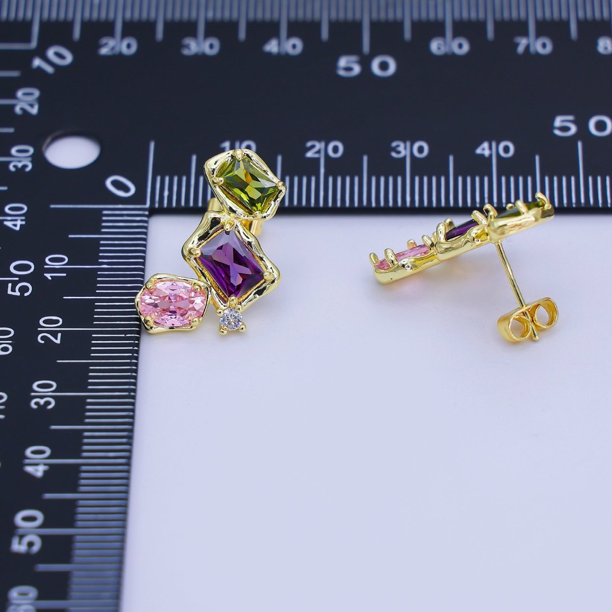24K Gold Filled Multicolor CZ Baguette Molten CZ Stud Earrings | AI465