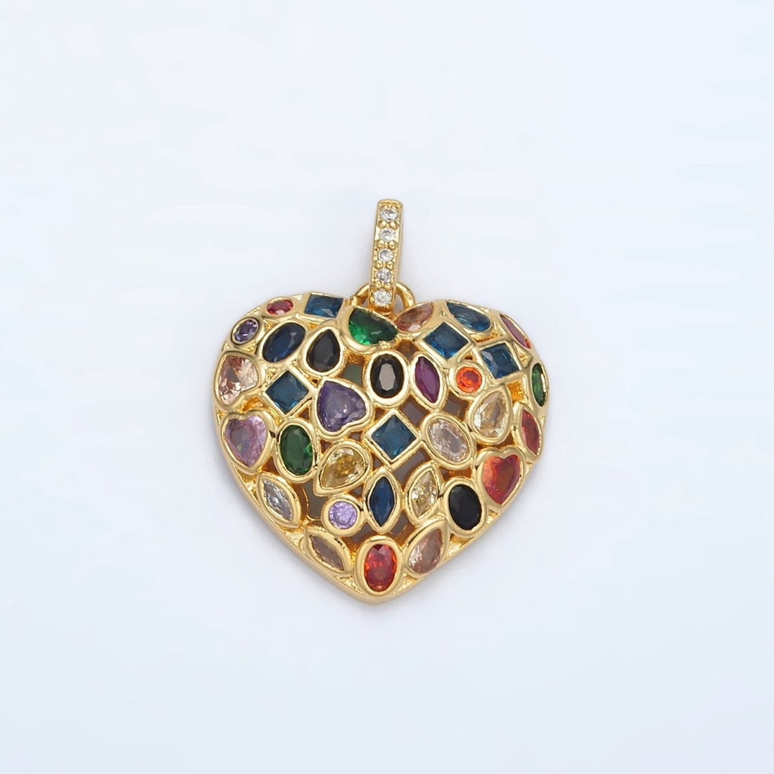 24K Gold Filled Multicolor CZ Geometric Heart Micro Paved CZ Bail Pendant | AA1366