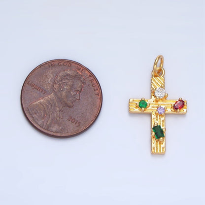 24K Gold Filled Multicolor CZ Line-Textured Cross Charm | X821