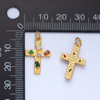 24K Gold Filled Multicolor CZ Line-Textured Cross Charm | X821
