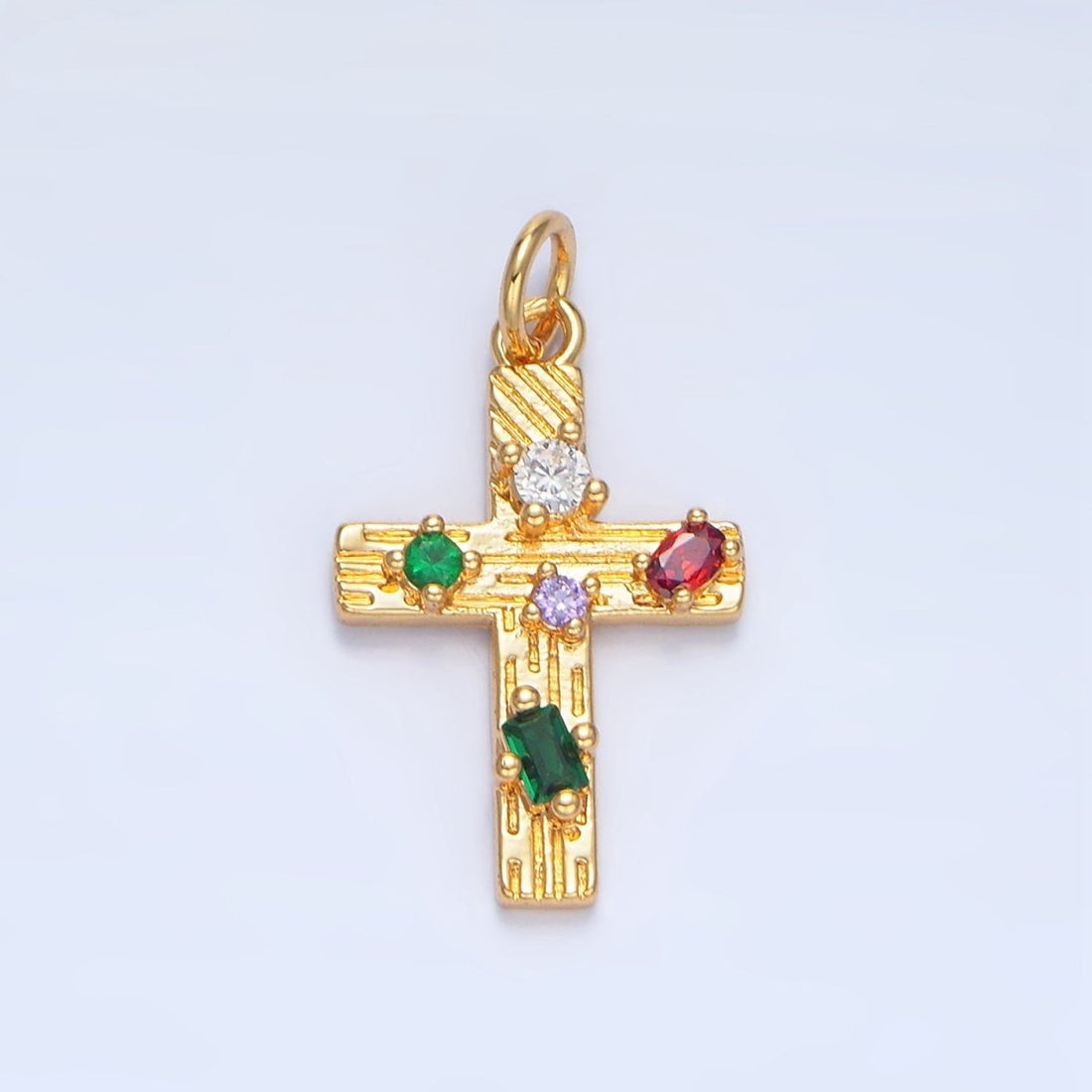 24K Gold Filled Multicolor CZ Line-Textured Cross Charm | X821