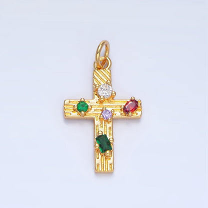 24K Gold Filled Multicolor CZ Line-Textured Cross Charm | X821
