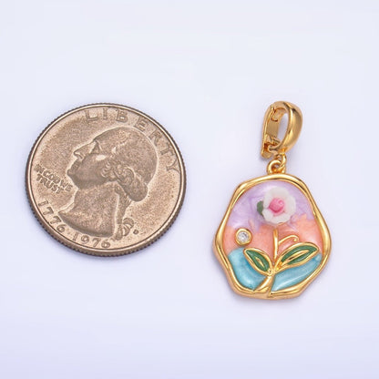 24K Gold Filled Multicolor Enamel Pastel Flower Stamped Snap Latch Bail Pendant | AA1020
