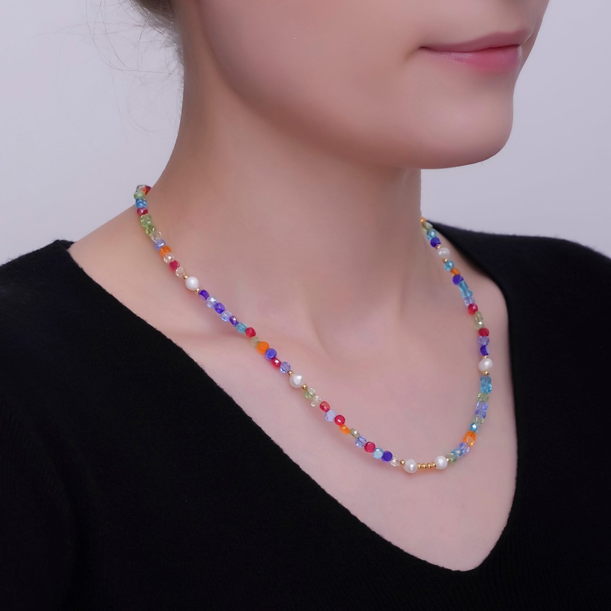 24K Gold Filled Multicolor Flat Gemstone 17.5 Inch Necklace | WA-2972