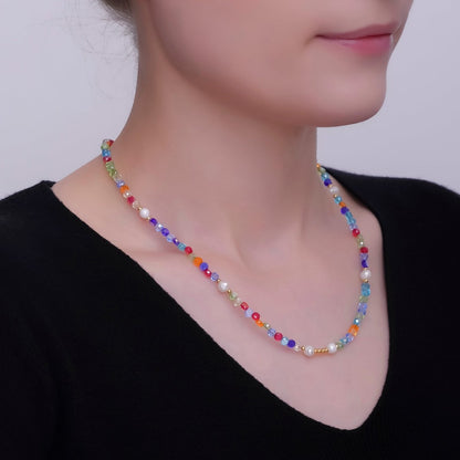 24K Gold Filled Multicolor Flat Gemstone 17.5 Inch Necklace | WA-2972
