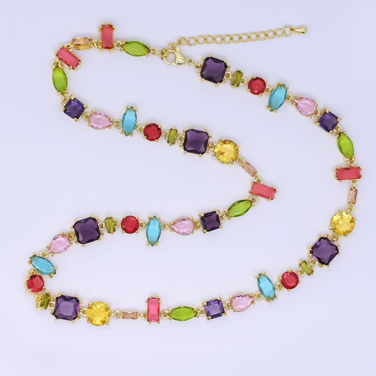 24K Gold Filled Multicolor Geometric Cluster CZ Gemstone 17 Inch Necklace | WA-1286