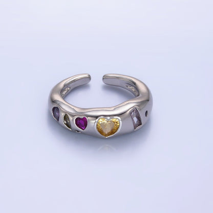 24K Gold Filled Multicolor Geometric Heart Baguette CZ Ring in Gold &amp; Silver | O740 O743