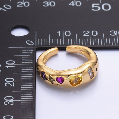 24K Gold Filled Multicolor Geometric Heart Baguette CZ Ring in Gold &amp; Silver | O740 O743