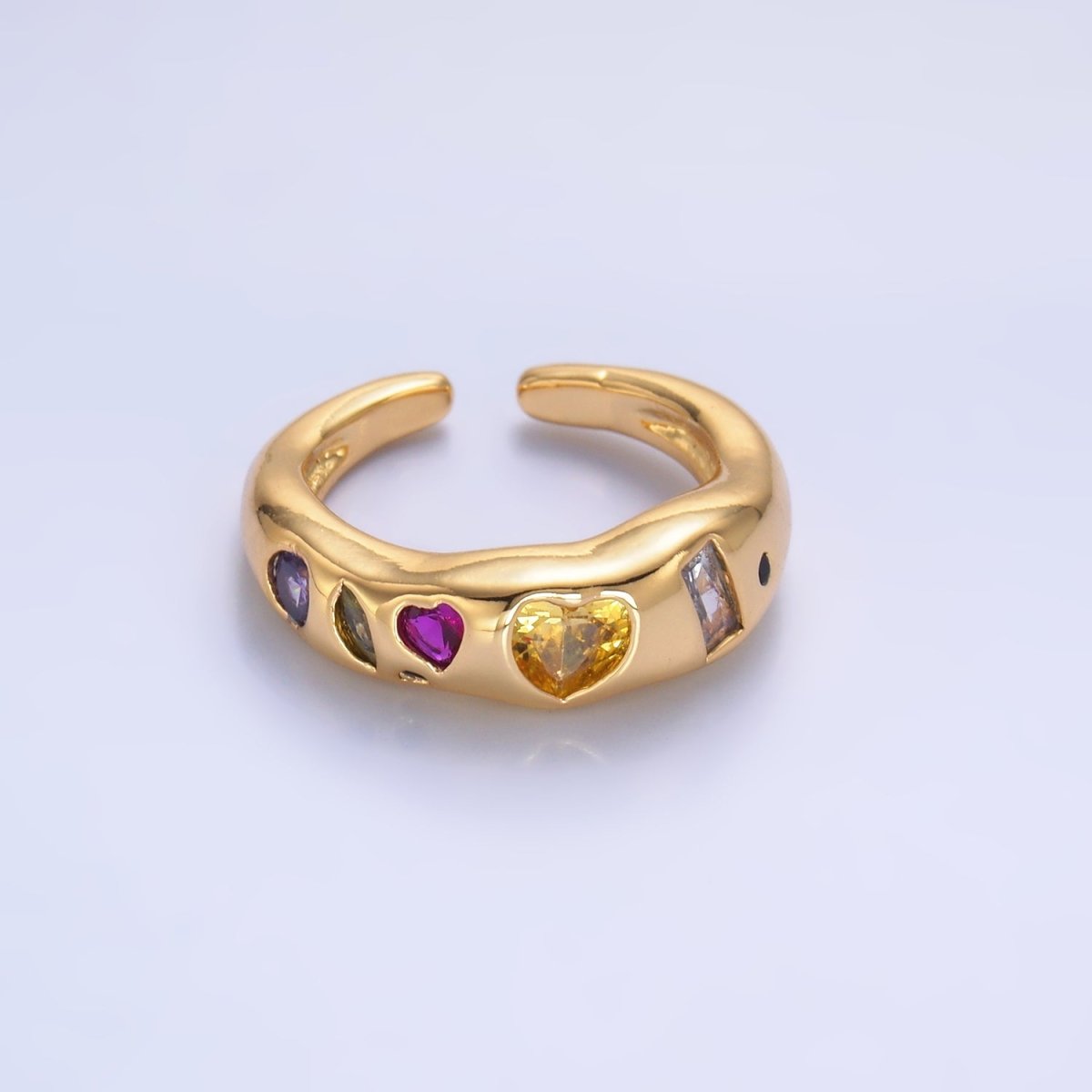 24K Gold Filled Multicolor Geometric Heart Baguette CZ Ring in Gold &amp; Silver | O740 O743