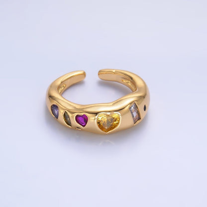 24K Gold Filled Multicolor Geometric Heart Baguette CZ Ring in Gold &amp; Silver | O740 O743