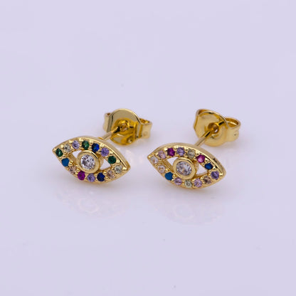 24K Gold Filled Multicolor Micro Paved CZ Evil Eye Stud Earrings | AB1184