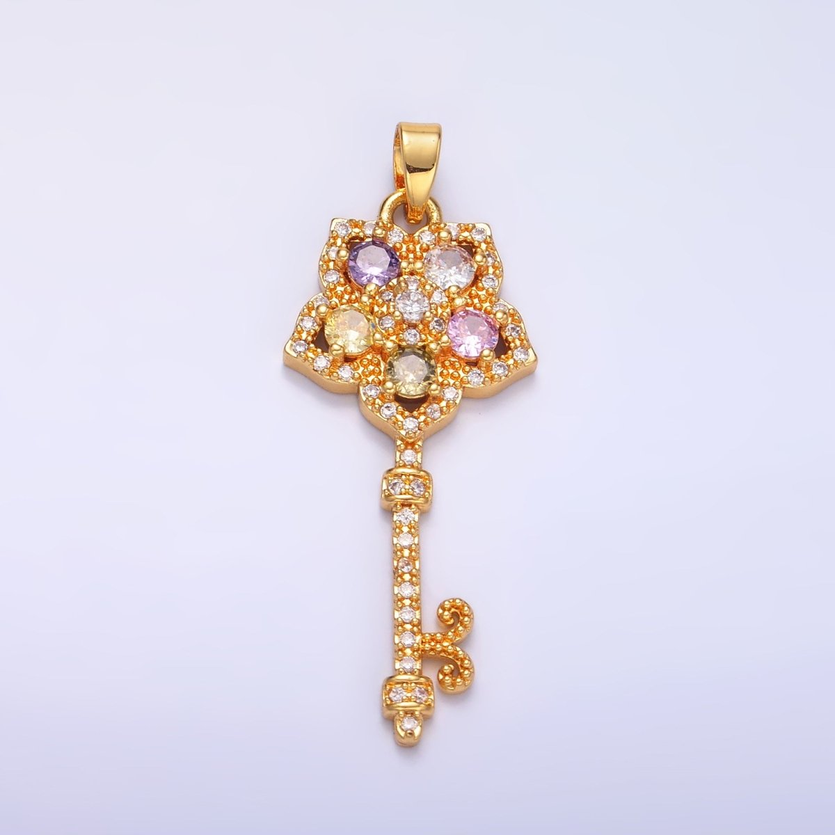 24K Gold Filled Multicolor Micro Paved CZ Flower Fleur Key Pendant | AA-00779
