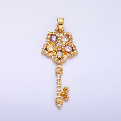 24K Gold Filled Multicolor Micro Paved CZ Flower Fleur Key Pendant | AA-00779