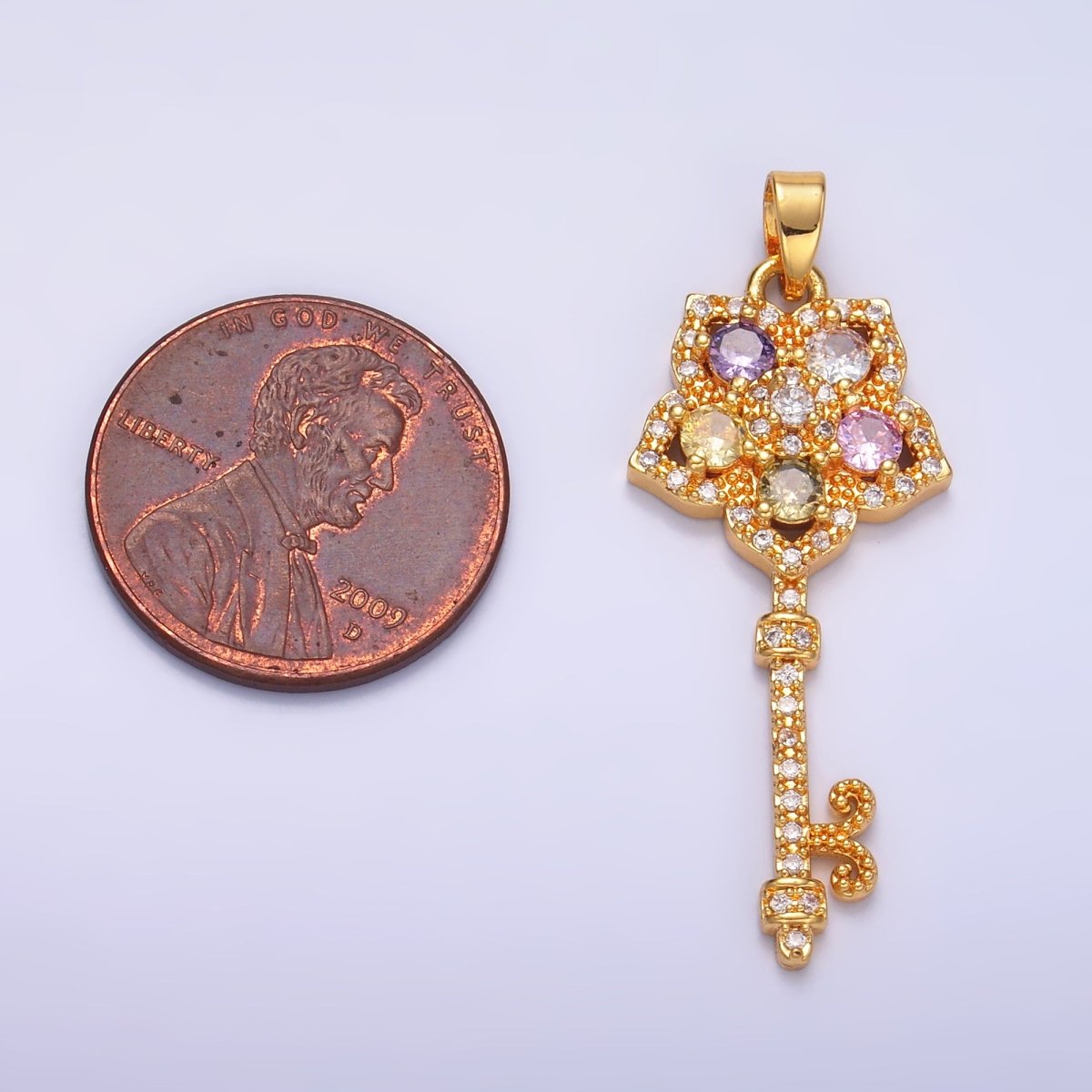 24K Gold Filled Multicolor Micro Paved CZ Flower Fleur Key Pendant | AA-00779