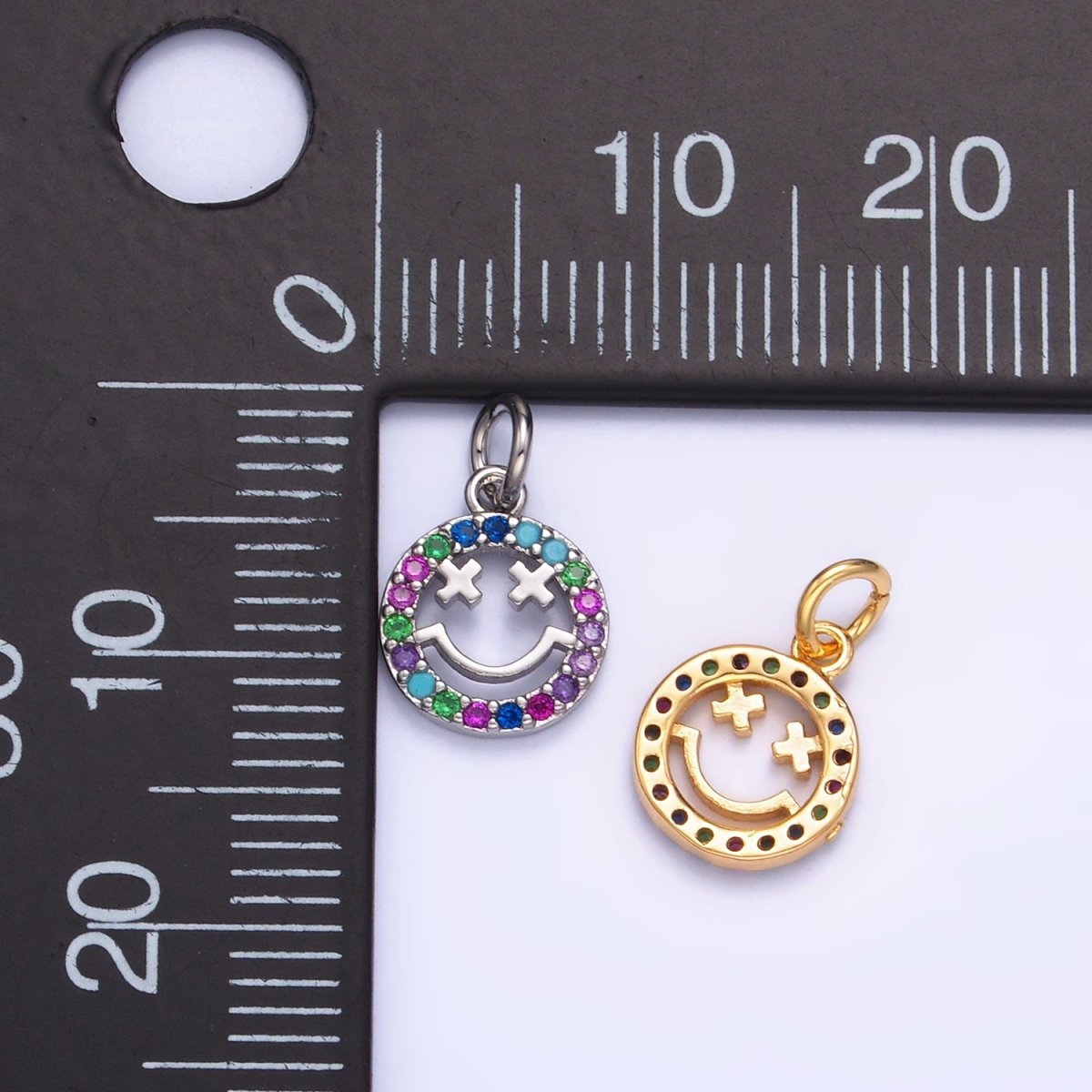 24K Gold Filled Multicolor Micro Paved CZ Smiley Face Charm in Gold &amp; Silver | W867