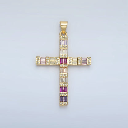 24K Gold Filled Multicolor Pink CZ Baguette Religious Cross Pendant | I255