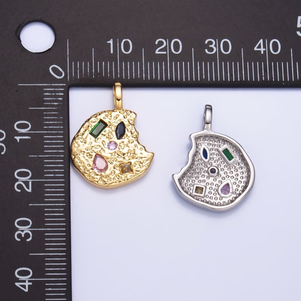 24K Gold Filled Multicolored CZ Textured Cookie Charm in Gold &amp; Silver | AA1092
