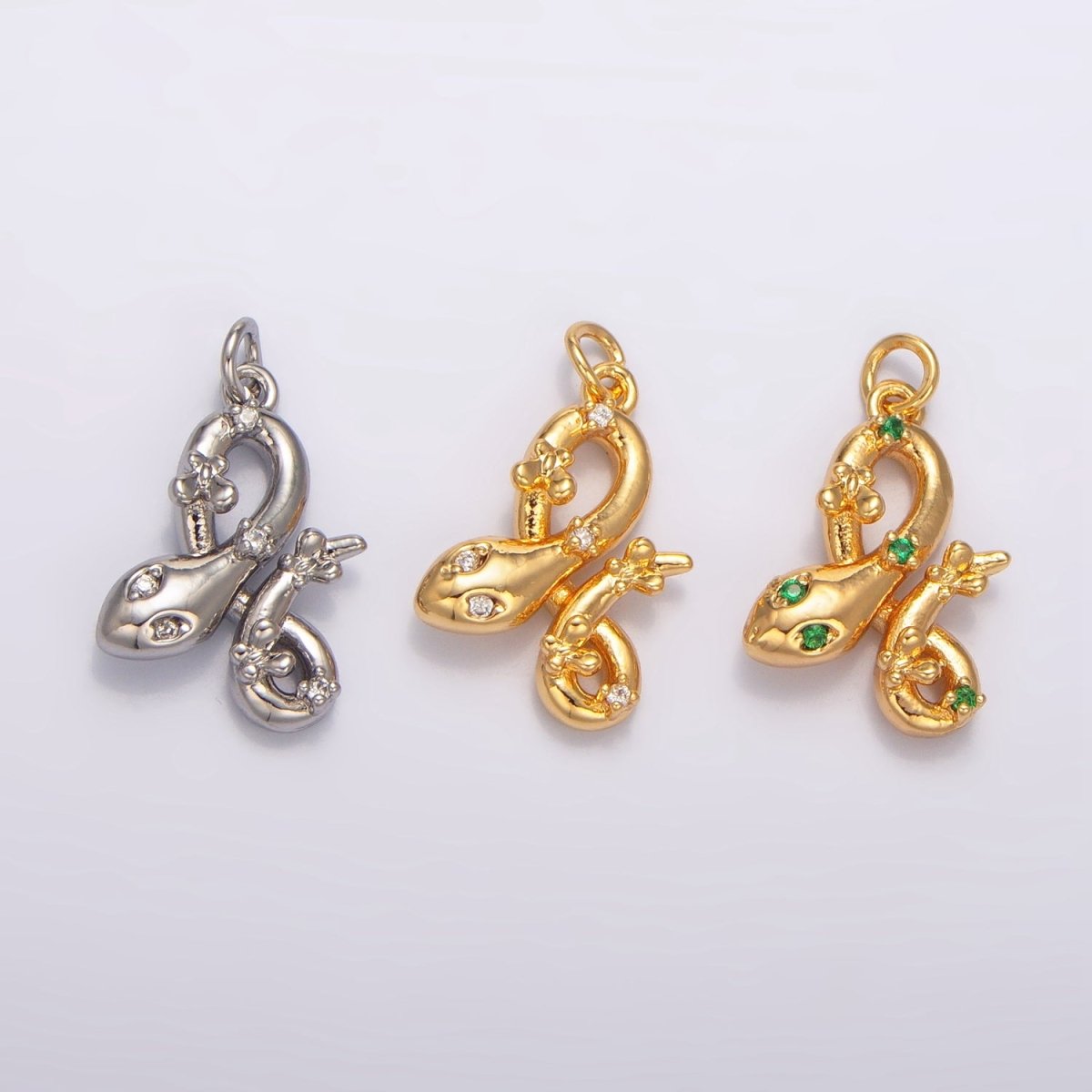 24K Gold Filled 18mm Clear, Green CZ Serpent Snake 3D Multidimensional Charm in Gold &amp; Silver | W046