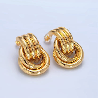 24K Gold Filled Multiple Circular Band Door Knocker Drop Stud Earrings in Gold, Silver &amp; Mixed Metal | AD694 - AD696