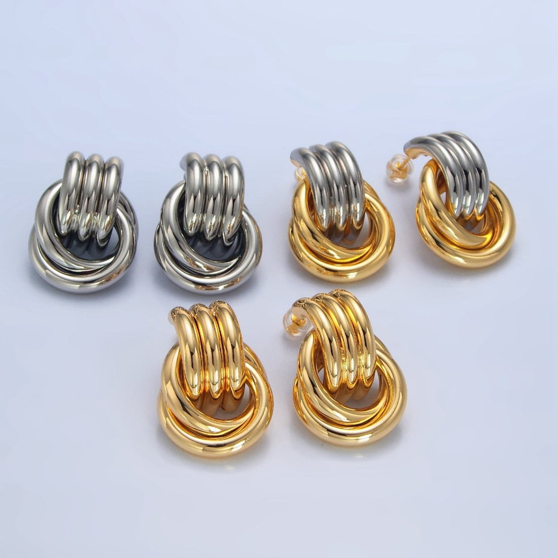 24K Gold Filled Multiple Circular Band Door Knocker Drop Stud Earrings in Gold, Silver &amp; Mixed Metal | AD694 - AD696