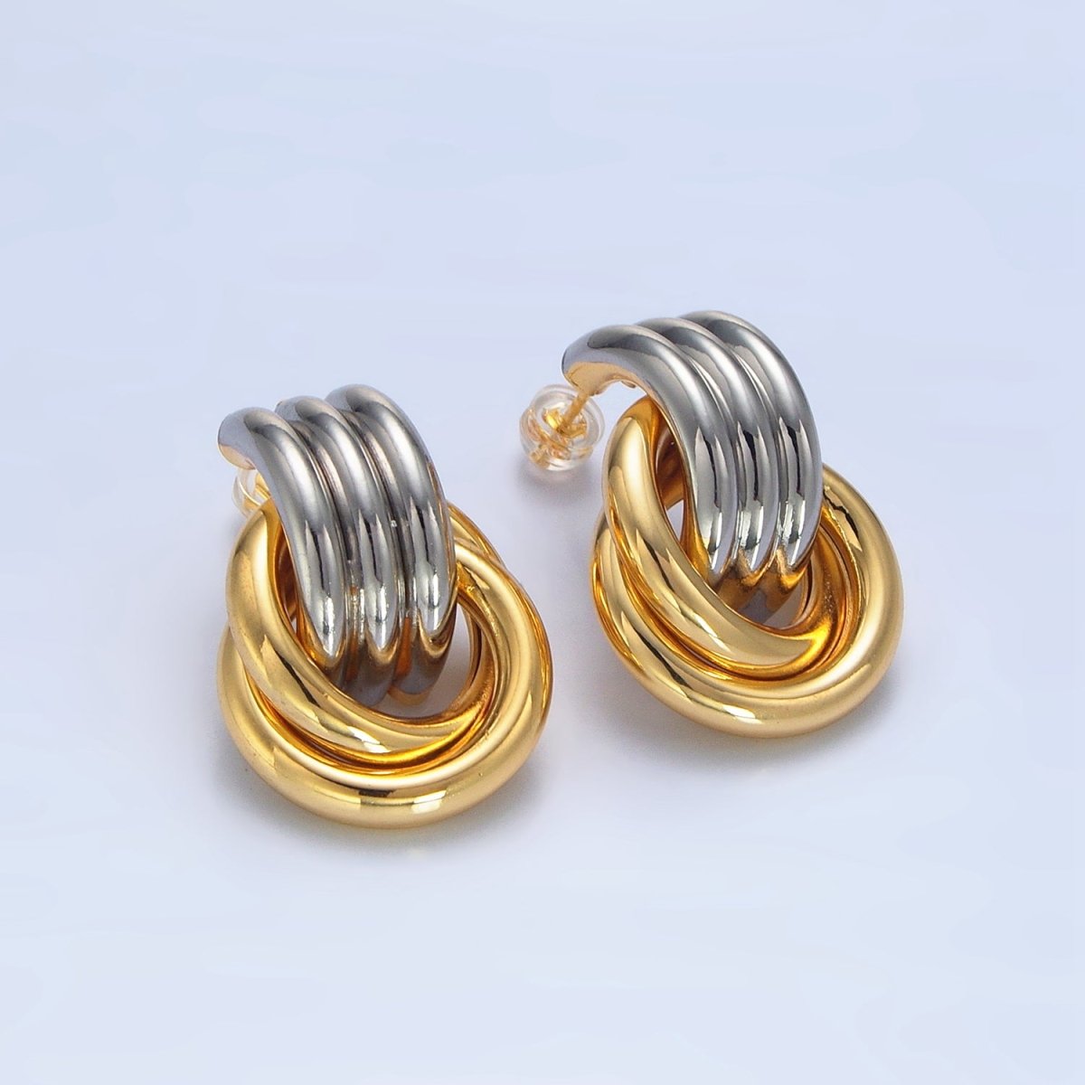 24K Gold Filled Multiple Circular Band Door Knocker Drop Stud Earrings in Gold, Silver &amp; Mixed Metal | AD694 - AD696