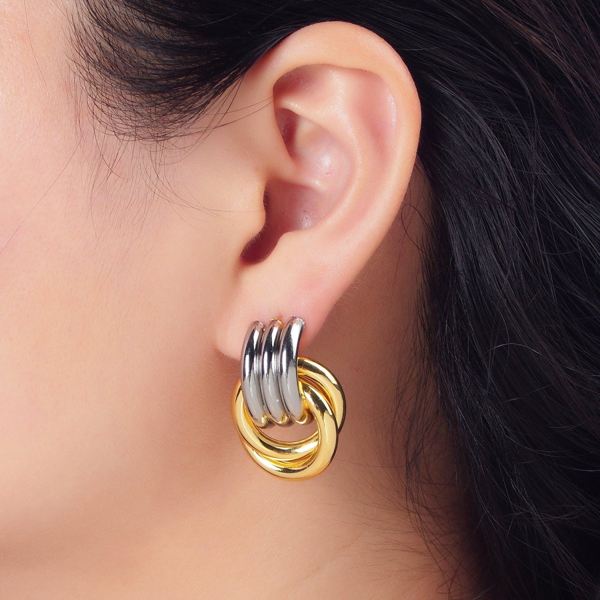 24K Gold Filled Multiple Circular Band Door Knocker Drop Stud Earrings in Gold, Silver &amp; Mixed Metal | AD694 - AD696