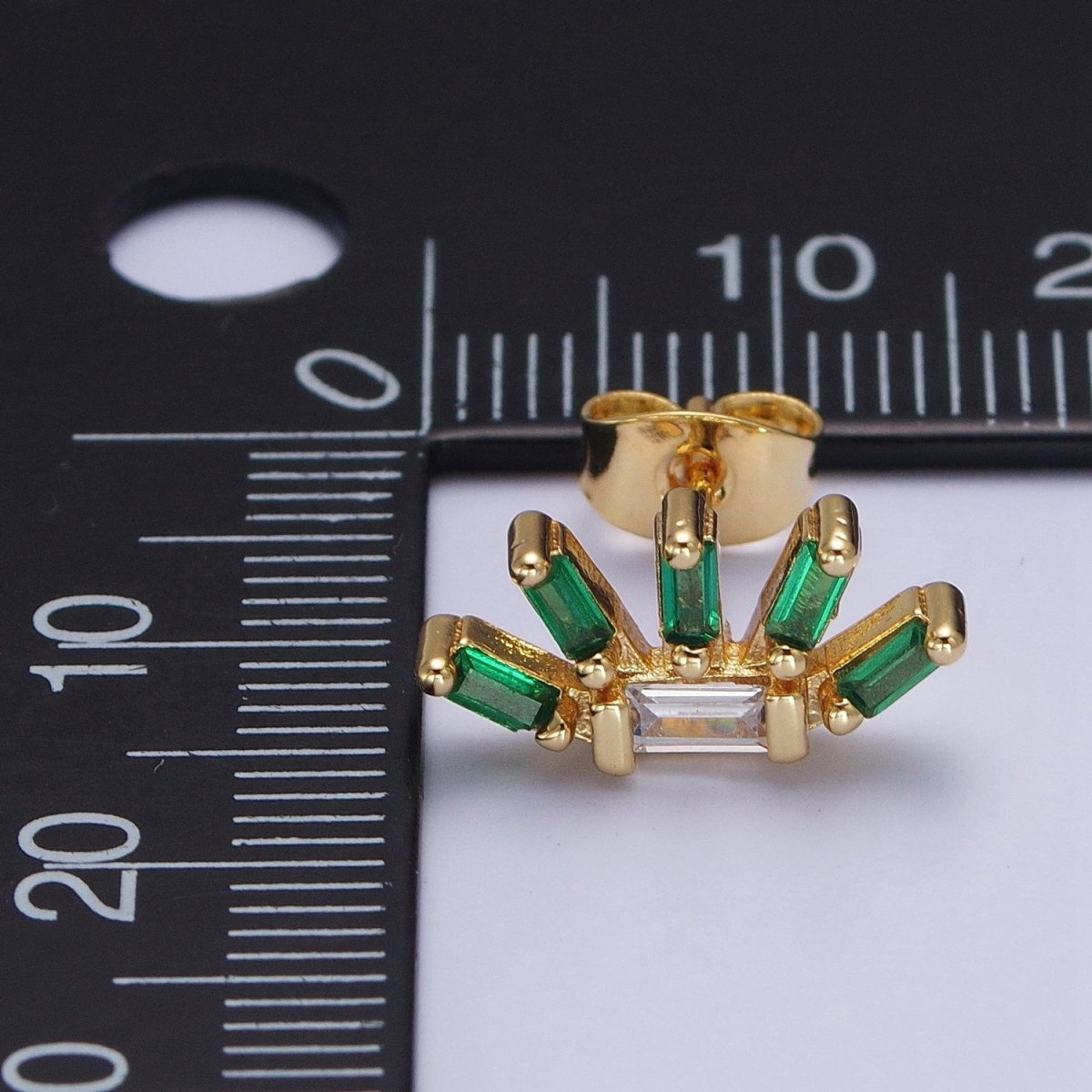 24K Gold Filled Multiple Green &amp; Clear Baguette Cubic Zirconia Plant Flower Stud Earrings | AD-513