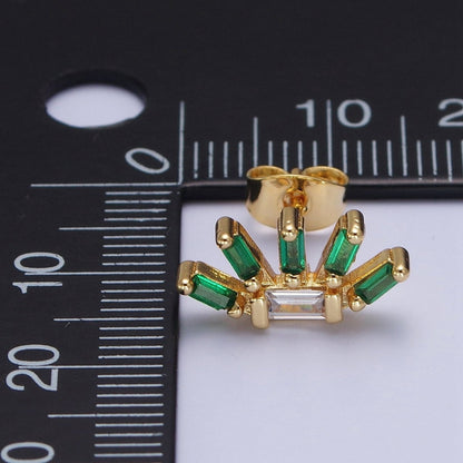 24K Gold Filled Multiple Green &amp; Clear Baguette Cubic Zirconia Plant Flower Stud Earrings | AD-513