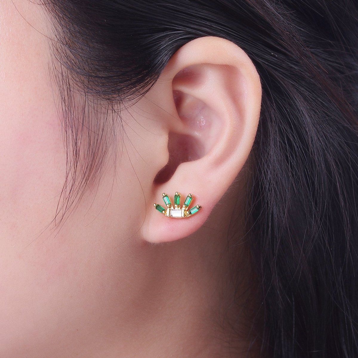 24K Gold Filled Multiple Green &amp; Clear Baguette Cubic Zirconia Plant Flower Stud Earrings | AD-513