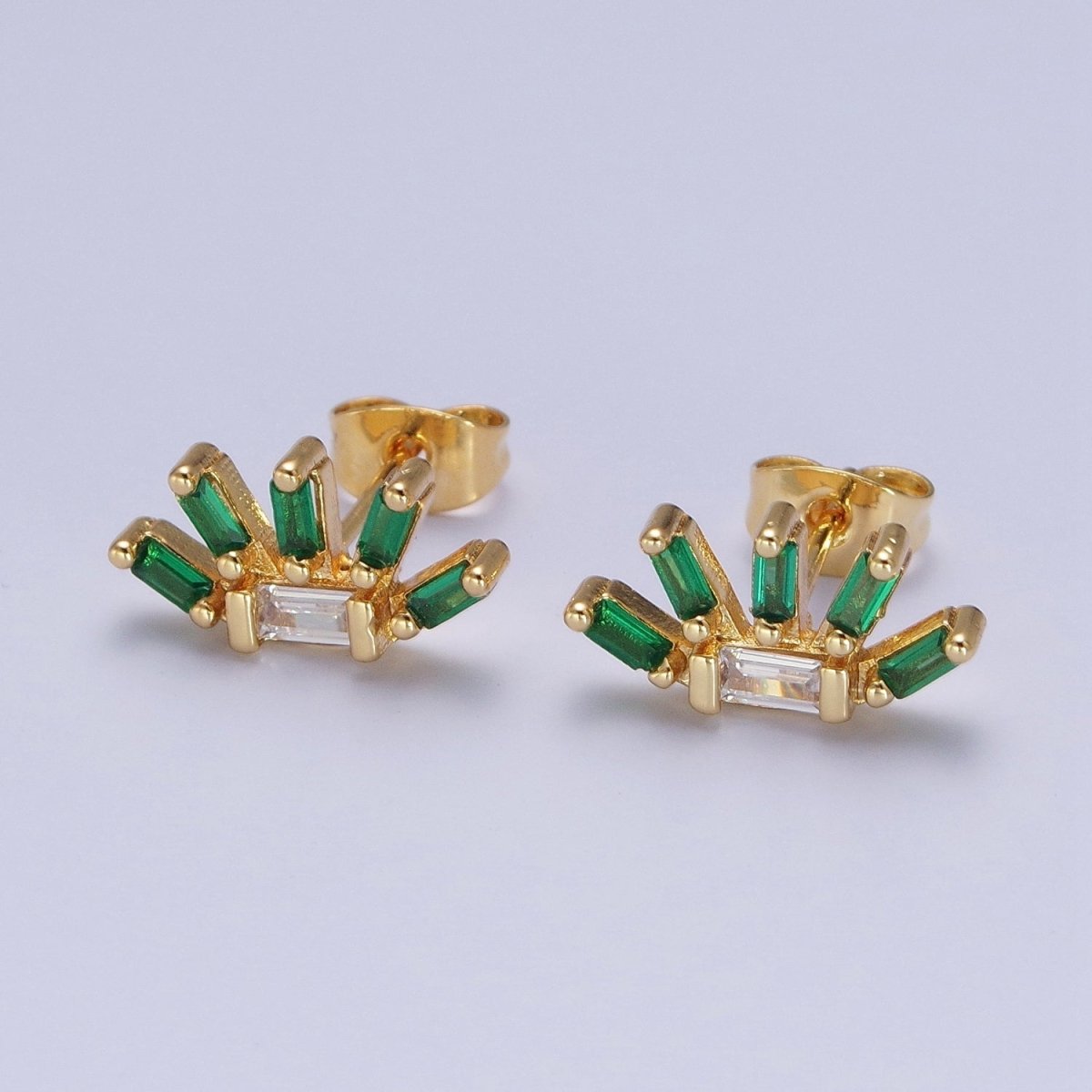 24K Gold Filled Multiple Green &amp; Clear Baguette Cubic Zirconia Plant Flower Stud Earrings | AD-513