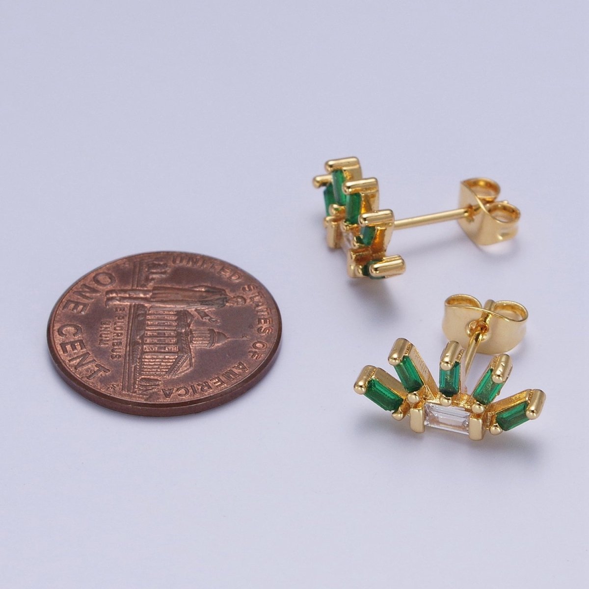 24K Gold Filled Multiple Green &amp; Clear Baguette Cubic Zirconia Plant Flower Stud Earrings | AD-513