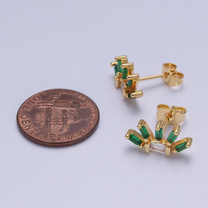 24K Gold Filled Multiple Green &amp; Clear Baguette Cubic Zirconia Plant Flower Stud Earrings | AD-513