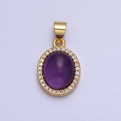 24K Gold Filled Natural Blue Agate, Moonstone, Rose Quartz, Amazonite, Amethyst Micro Paved CZ Oval Pendant | AA270 - AA274