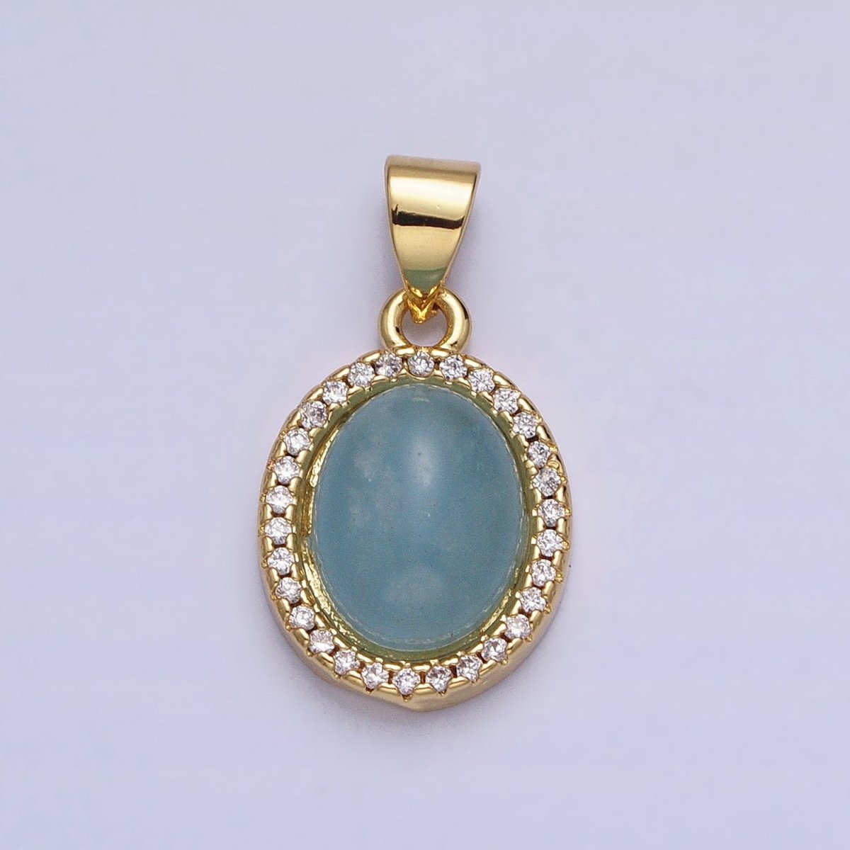 24K Gold Filled Natural Blue Agate, Moonstone, Rose Quartz, Amazonite, Amethyst Micro Paved CZ Oval Pendant | AA270 - AA274