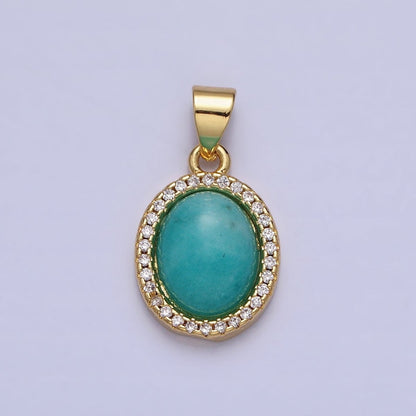 24K Gold Filled Natural Blue Agate, Moonstone, Rose Quartz, Amazonite, Amethyst Micro Paved CZ Oval Pendant | AA270 - AA274