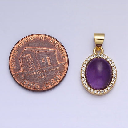 24K Gold Filled Natural Blue Agate, Moonstone, Rose Quartz, Amazonite, Amethyst Micro Paved CZ Oval Pendant | AA270 - AA274