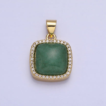 24K Gold Filled Natural Gemstone Micro Paved CZ Square Pendant | AA262 - AA269