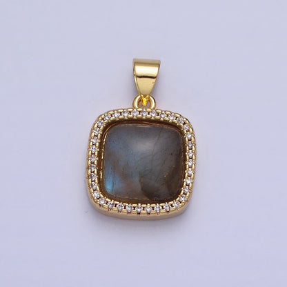 24K Gold Filled Natural Gemstone Micro Paved CZ Square Pendant | AA262 - AA269