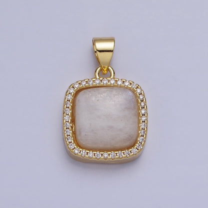 24K Gold Filled Natural Gemstone Micro Paved CZ Square Pendant | AA262 - AA269