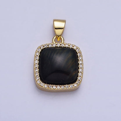 24K Gold Filled Natural Gemstone Micro Paved CZ Square Pendant | AA262 - AA269