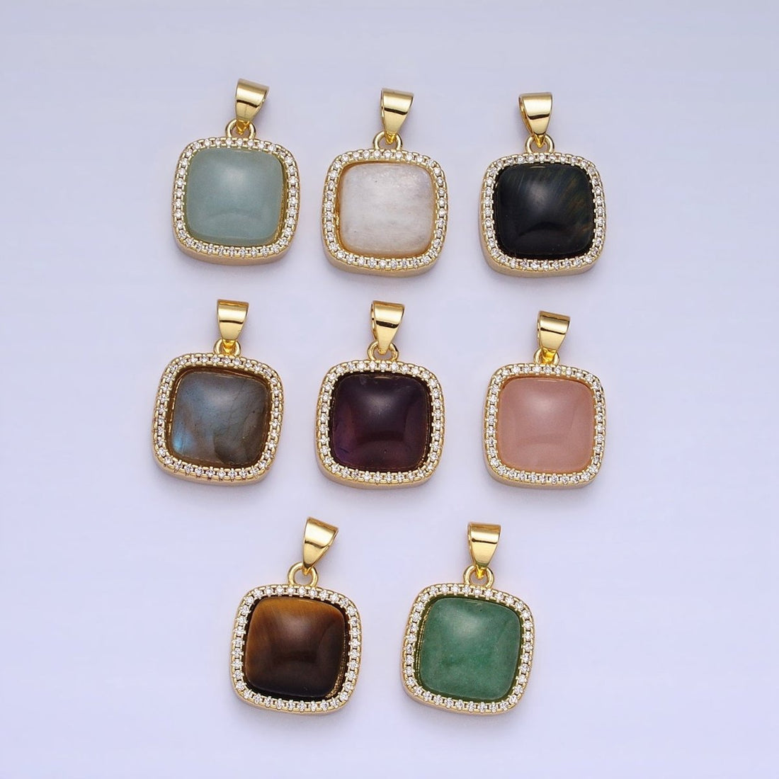 24K Gold Filled Natural Gemstone Micro Paved CZ Square Pendant | AA262 - AA269