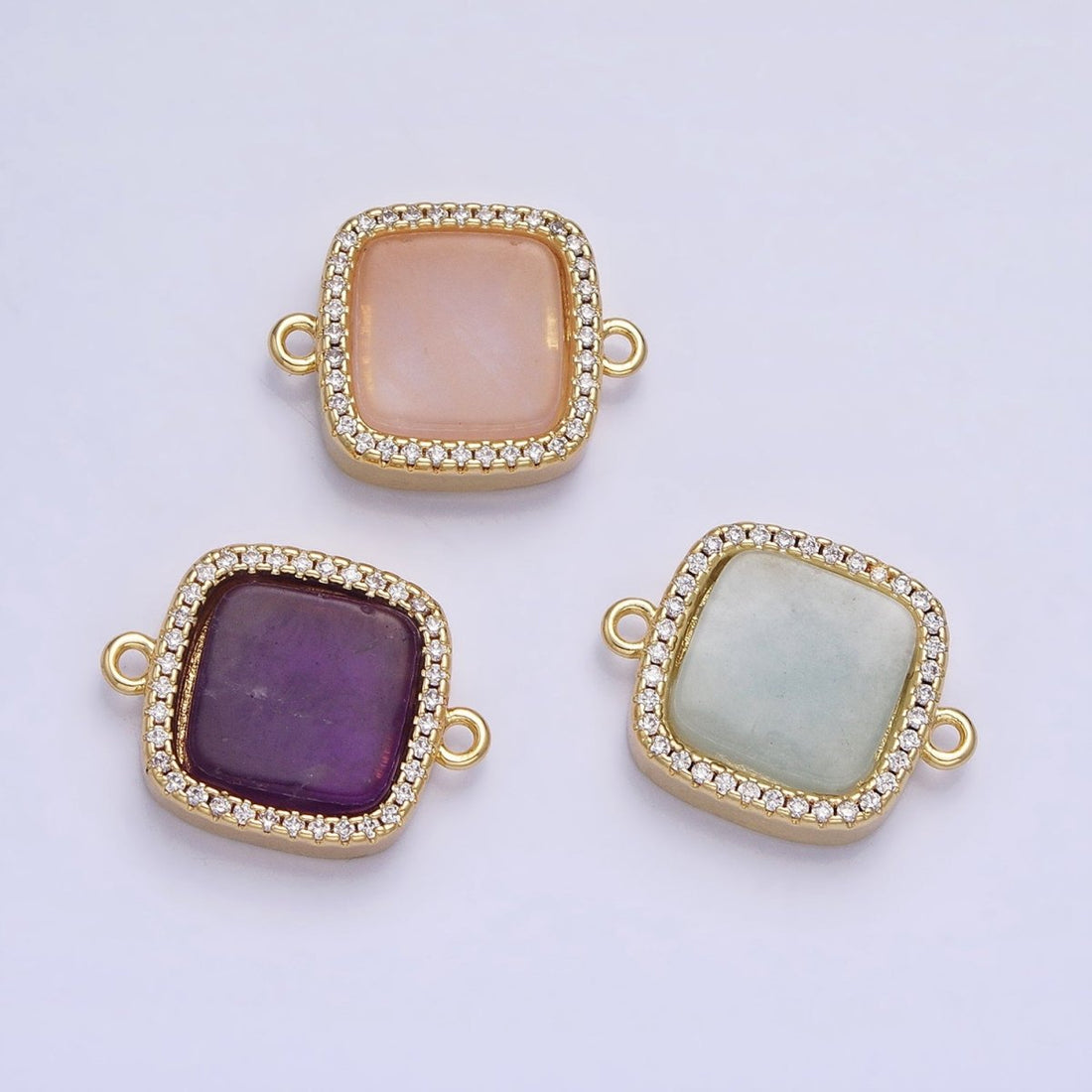 24K Gold Filled Natural Gemstone Rose Quartz, Blue Agate, Amethyst Micro Paved CZ Flat Square Connector | Y-801~Y-802