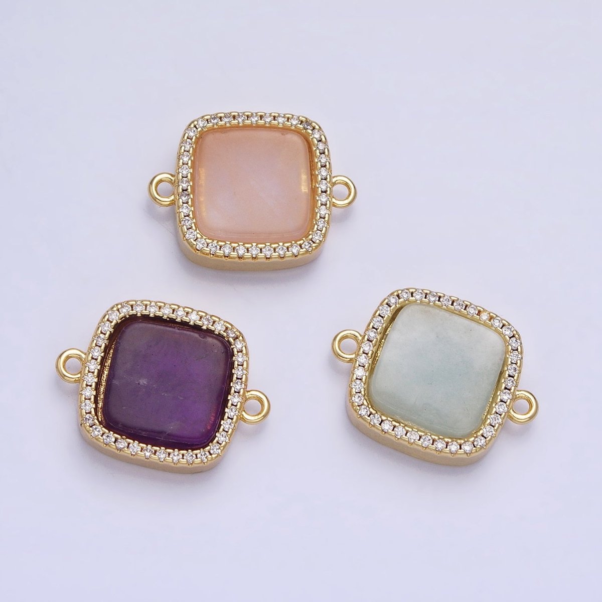 24K Gold Filled Natural Gemstone Rose Quartz, Blue Agate, Amethyst Micro Paved CZ Flat Square Connector | Y-801~Y-802