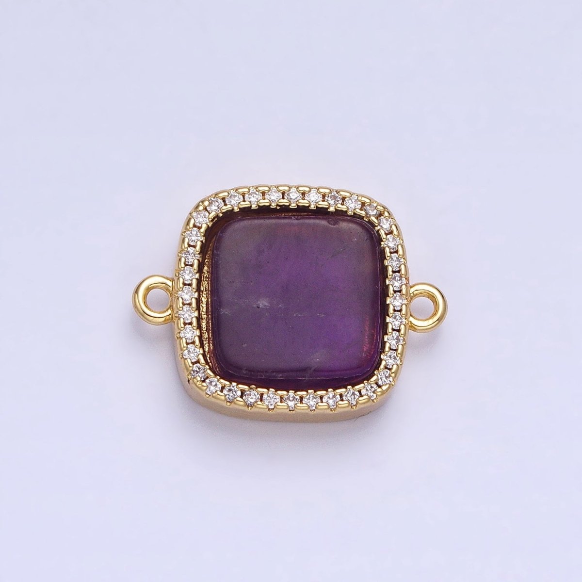 24K Gold Filled Natural Gemstone Rose Quartz, Blue Agate, Amethyst Micro Paved CZ Flat Square Connector | Y-801~Y-802