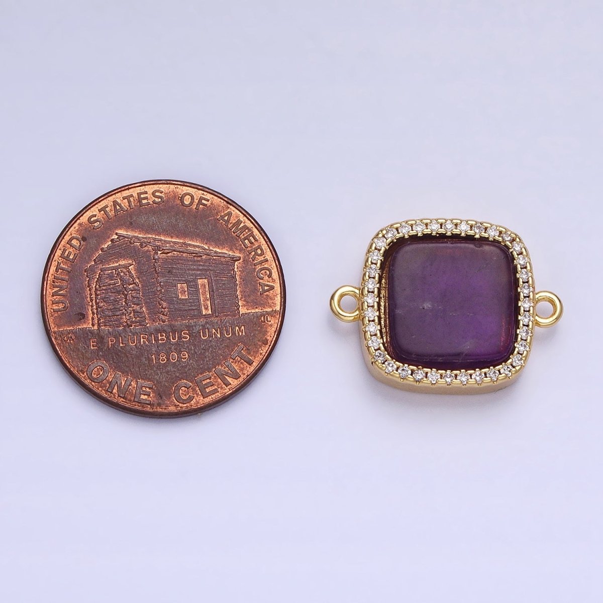 24K Gold Filled Natural Gemstone Rose Quartz, Blue Agate, Amethyst Micro Paved CZ Flat Square Connector | Y-801~Y-802